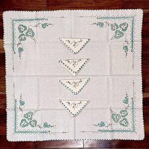 VTG Hand Embroidered MCM 32" Square Floral Tablecloth 4 Napkins Edging Flowers